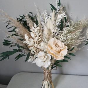 Bridal Bouquet White Neutral Boho Dried Flower Wedding Bouquet Boho Wedding Flower Dried Flower Bouquet Preserved Rose Bouquet Eucalyptus