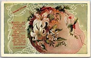 Language Of Flowers Myrtle Myrr & Lily Bouquet With Poem Postcard