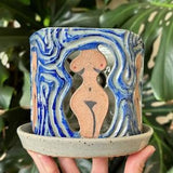 Pentagon Carved Textured Woman Body Blue Orchid Planter Pot with Holes and Optional Saucer