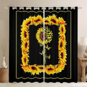 Rustic Sunflower Window Curtain Set, Garden Butterfly Botanical Flower Window Drapes, Yellow Black Farmhouse Style Curtains, Handmade