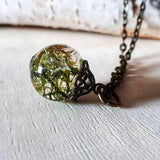 Moss Terrarium Necklace Globe Drop Ball Round Pendant Antique Brass Lichen Woodland Forest MADE TO ORDER