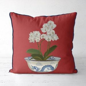 Chinoiserie pillow covers Red couch pillow Chinoiserie decor Asian sofa pillow Chinese cushion cover Phalanopsis White orchids dragon bowl