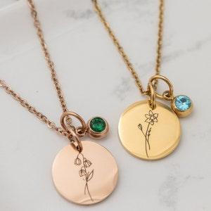 Birth flower necklace with birthstone, personalized floral necklace, sunflower gift for her, bridesmaid gift, birthday present, flower girl