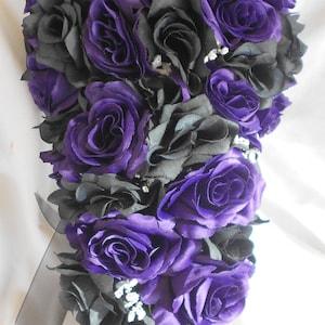 cascade bridal all roses black and purple wedding bouquet 2 pieces