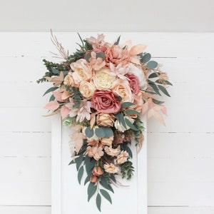 Cascasding bouquet Boho bouquet Dusty rose peach ivory bridal bouquet Faux bouquet Fall wedding Silk flowers Boho wedding
