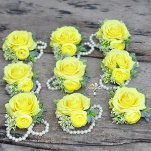 Bright yellow corsage Wrist corsage real touch rose silk mini ranunculus wrist pearl bracelet corsage flower girl bridesmaid mother corsage