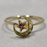 Victorian Gold Ruby Seed Pearl Crescent Star Ring; Pin Conversion