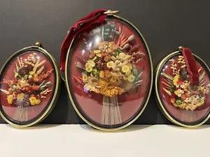 VINTAGE CIDEART BELGIUM DRIED FLOWERS SET OVAL ROUNDED GLASS GOLD FRAME WALL ART