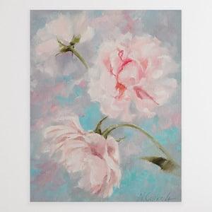 Soft pink peony flower oil painting, original wall art on canvas, pink peony on grey and turquoise, small painting ready to hang