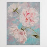 Soft pink peony flower oil painting, original wall art on canvas, pink peony on grey and turquoise, small painting ready to hang