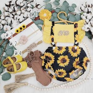 Baby girl sunflower floral romper, 1st birthday sunflower summer fall chic Baby girls boho outfit, Boho sunflower birthday girl outfit