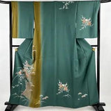 Japanese Silk Kimono Houmongi Gold Foil Pine Tree Peony Flower Plant Green 62