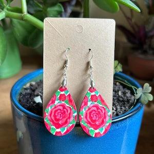 Glossy Floral Teardrop Earrings with Artwork Pretty Fresh Pink Red Roses with Green. Colourful, Classic Artwork Jewellery. Made in Canada