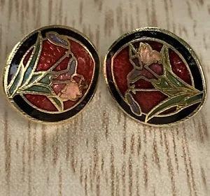 Cloisonne Earrings Enamel Red Lily Flower Design Silver Ear Posts