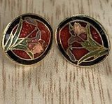 Cloisonne Earrings Enamel Red Lily Flower Design Silver Ear Posts