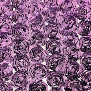 Eggplant Rosette Fabric 3D Floral Fabric By The Yard, Peony Bouquet Fabric on Mesh, 3D Rosette Satin Fabric Wedding Decor.