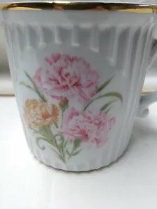 January Carnation cup w/ gold rim mfr mark Cesky Porcelain Dubi Czechoslovakia