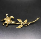 Long Stem Lily Flower Brooch Pin Vintage Faux Pearl Gold Tone Floral