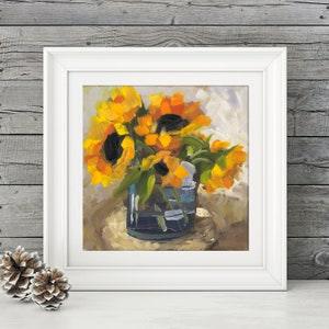 Sunflower fine art print from original oil painting. Sunflowers watercolour art floral painting print gift idea