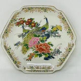 Vintage Peacock Plate Japan Gilded Gold Edges Peony Flowers Leaf Hexagon Shape