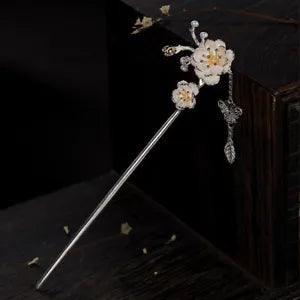 Silver Chinese Fashion Women Pearl Peony Flower Hairpin Hair Clasp