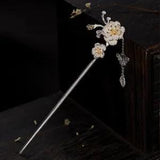Silver Chinese Fashion Women Pearl Peony Flower Hairpin Hair Clasp