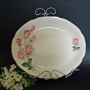 Vintage "Rose Bouquet" pattern Serving Platter 11"x9.25"; by England; Cream Platter with Pink Roses and Rimmed in 22k Gold