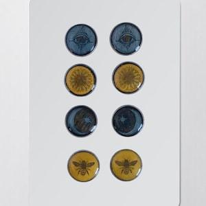 Round Circle Stud Earrings with All Seeing Eye, Honey Bee, Crescent Moon, and Sunflower Designs, Handmade Modern Jewelry Gifts, Faux Plugs