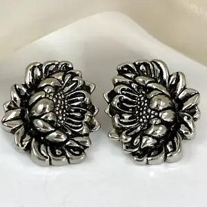 FABB Vintage Lotus Water Lily Repousse Silver Tone Clip on Earrings