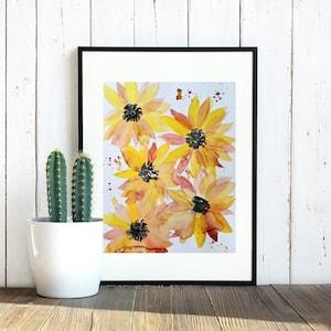 Metallic watercolor painting of summer flowers, wall art, home decor, original poster art, birthday gift, watercolor flowers, plants