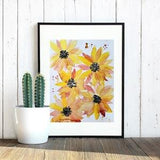 Metallic watercolor painting of summer flowers, wall art, home decor, original poster art, birthday gift, watercolor flowers, plants