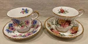 2 X PARAGON RIBBED TEACUPS & SAUCERS ~ Carnations,Pink & Blue Flowers, Gold Trim