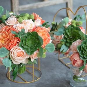 Real Touch Artificial Coral Peony, Peach Roses, Green Succulents Bridal Bridesmaids Bouquets Prom Cascade Bouquet Wedding Flowers