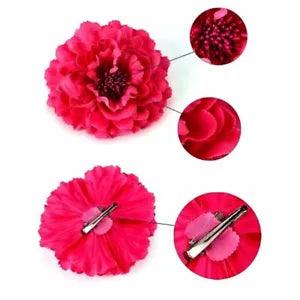 Fuchsia fabric peony hair clips with silver bobby pins, two-piece set