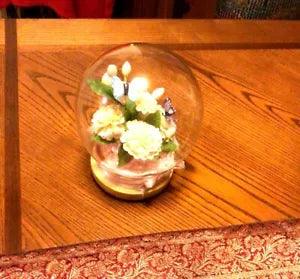 Glass Dome Display With Beige Flowers / Blue & Purple Butterflies