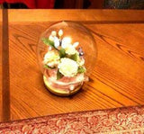 Glass Dome Display With Beige Flowers / Blue & Purple Butterflies