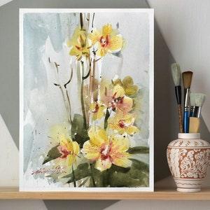 Yellow Orchid Watercolor Painting. Home decor collectible floral wall art watercolor artistic painting.