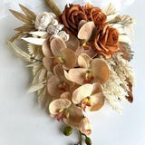 Bunt Orange Wedding Bouquet Real touch Roses Latex Orchids Pampas Grass Palm Leaf Rust Orange Beige Bridal Bouquet Weddings Flowers Bouquets