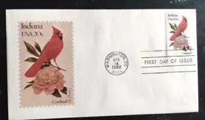 First day cover with cardinal and peony postage stamp, Indiana Bird & Flower 1982.