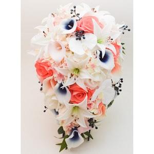 Cascade Bridal Bouquet Real Touch Rose Tiger Lily Cherry Blossom Orchids Roses- Coral Navy Blush White  - Add Groom Boutonniere & More!