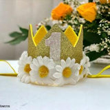 First birthday crown || Yellow glitters with white number 1 || White daisies
