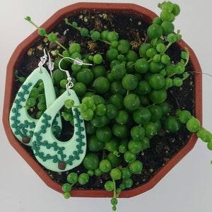 Earring with oval pendant trimmed with string of pearls, love of plants, nature jewelry, polymer clay earring