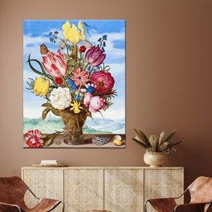 Flower Bouquet,Ambrosius Bosschaert,flowers in vase,colorful,fragrant,blue background,nostalgic,leaf,canvas painting,wall print,wall decor