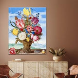 Flower Bouquet,Ambrosius Bosschaert,flowers in vase,colorful,fragrant,blue background,nostalgic,leaf,canvas painting,wall print,wall decor