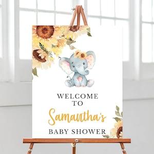 Editable Sunflower Elephant Baby Shower Welcome Sign, Girl Elephant Welcome Poster Shower, Floral Elephant Baby Shower Decoration, BBS308