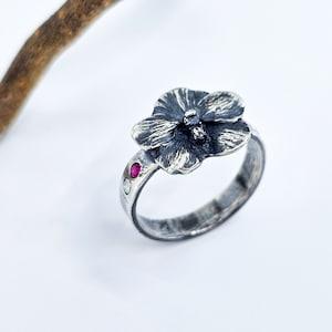 Ring made of fine silver, orchid, handmade, unique piece, zirconia, white, rose, pink, purple, art, flower, floral, elf, fairy, plant