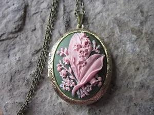 LILY OF THE VALLEY CAMEO LOCKET - ANTIQUE BRONZE, PINK ON GREEN, QUALITY