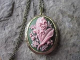 LILY OF THE VALLEY CAMEO LOCKET - ANTIQUE BRONZE, PINK ON GREEN, QUALITY