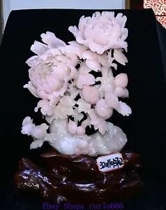 18.1'' Chinese Natural Xiu Jade Carve Peony Flower Bird Birds Animal Statue