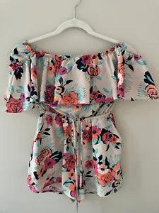 Yumi Kim Peonies Bloom Off the Shoulder Romper Flowy Floral Ruffles Sz XS